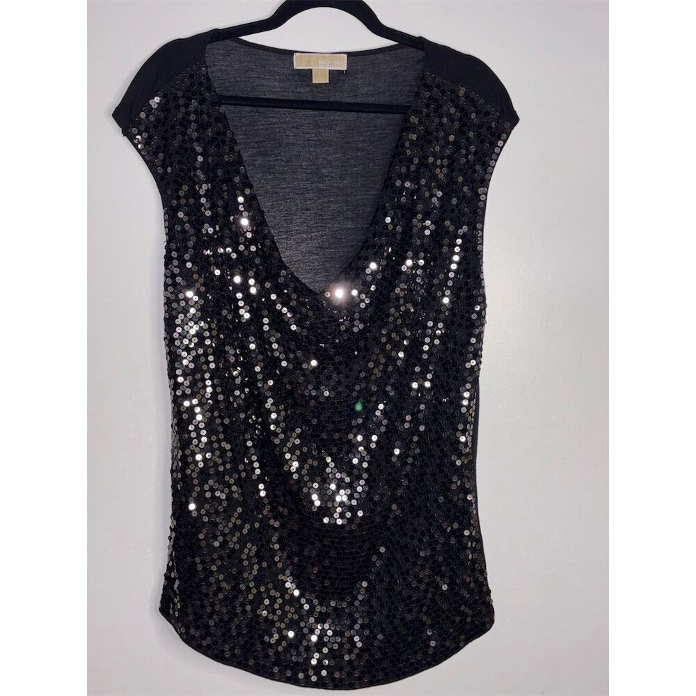 Michael Kors Women's Black Sequin V-Neck Blouse XL Short Sleeve